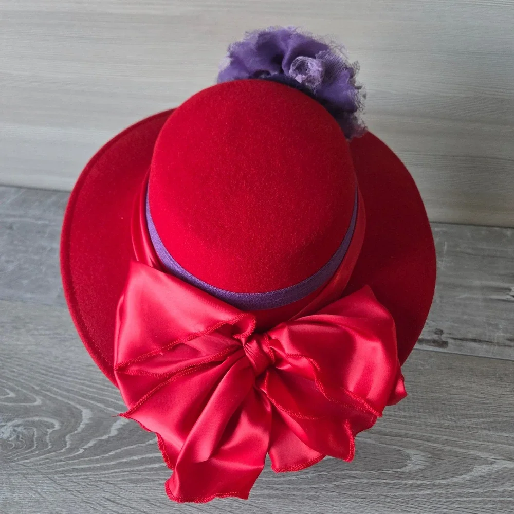 Bollman Red Hat Society Wool Felt‎ Women Purple Flower Satin Bow Derby USA Made